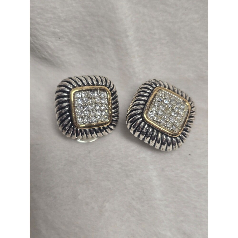 Vintage Two-Tone Rhinestone Square Clip-On Earrings Silver Gold Tone ear38